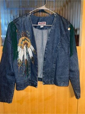 Wanted by Beads Beautiful fringe Feather  denim jacket sz M western 90s